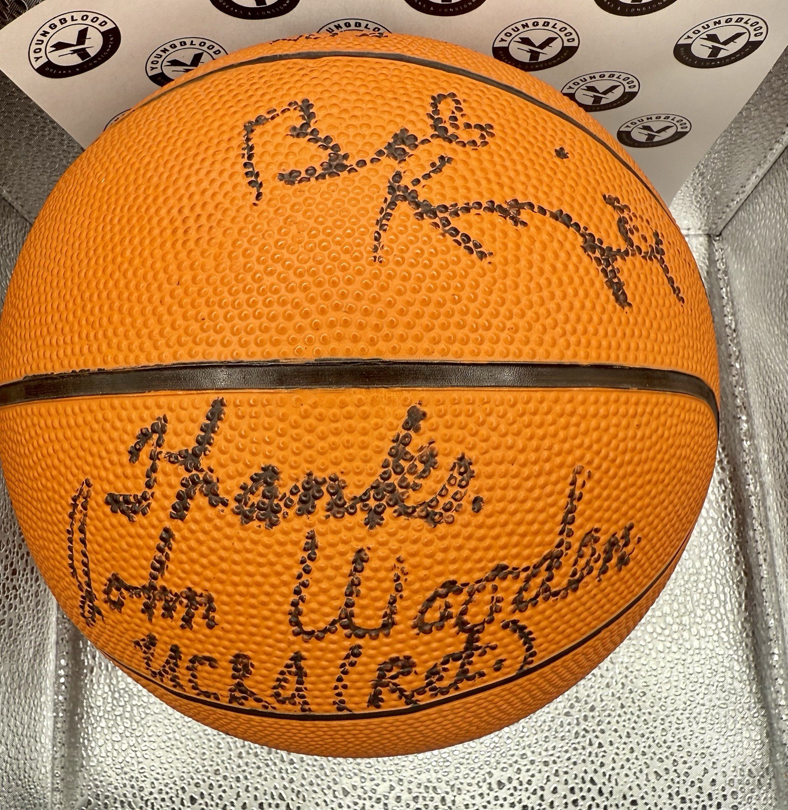 John Wooden Autographed Signed UCLA Bruins Mini-Basketball Of /Bobby Knight/Raveling/Pimm W/JSA LoA 