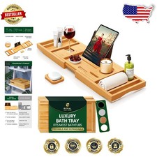 Luxury Bathtub Caddy - Expandable Bamboo, Lacquered Wood, Spa Bath Accessory