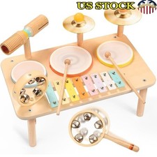 Kids Drum Set 10-in-1 Montessori Toys 1-3 Year Old Wooden Musical Instruments