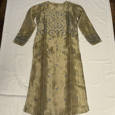 Gold Lame Dress Metallic Sheer Beaded Sequined Small /XS Long Sleeve Midi  Fancy | eBay