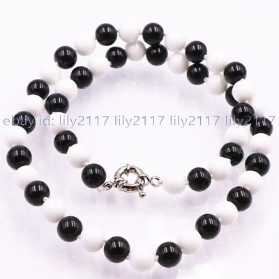 Charming 6/8/10mm White Jade Black Agate Gemstone Round Beads Necklaces 18''