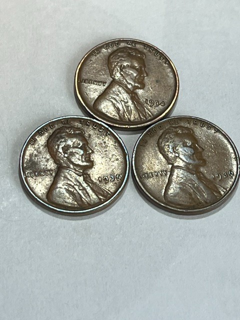 1934 P 1935 P 1936 P Circulated Lincoln Wheat Cent Penny Set- Actual Coins