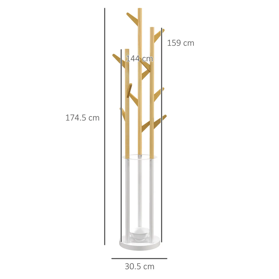 HOMCOM Appendiabiti da Terra con Portaombrelli e 12 Ganci Metallo Bianco e Bambù - Immagine 4 di 4