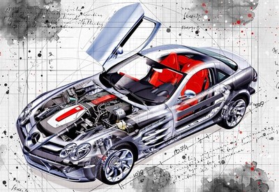 Line Tech Zeichnung Mercedes Benz SLR Auto Car Classic Cutaway Kunst Poster Druck