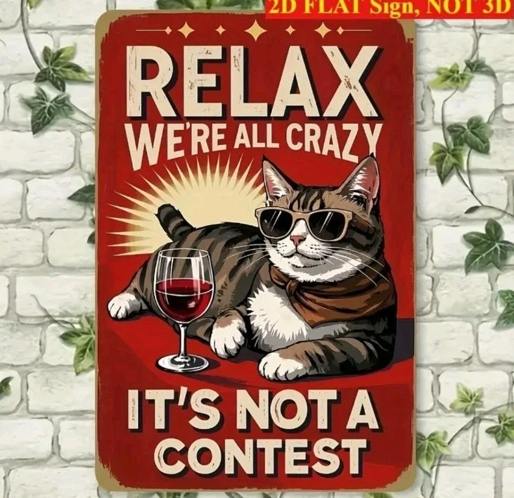 Divertido letrero de metal de gato para relajarse loco no concurso arte retro gafas de sol decoración de vino Foto 3 de 4