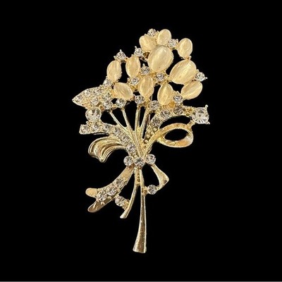 Gold-Tone Floral Bouquet Brooch With Rhinestone Accents And Textured Details