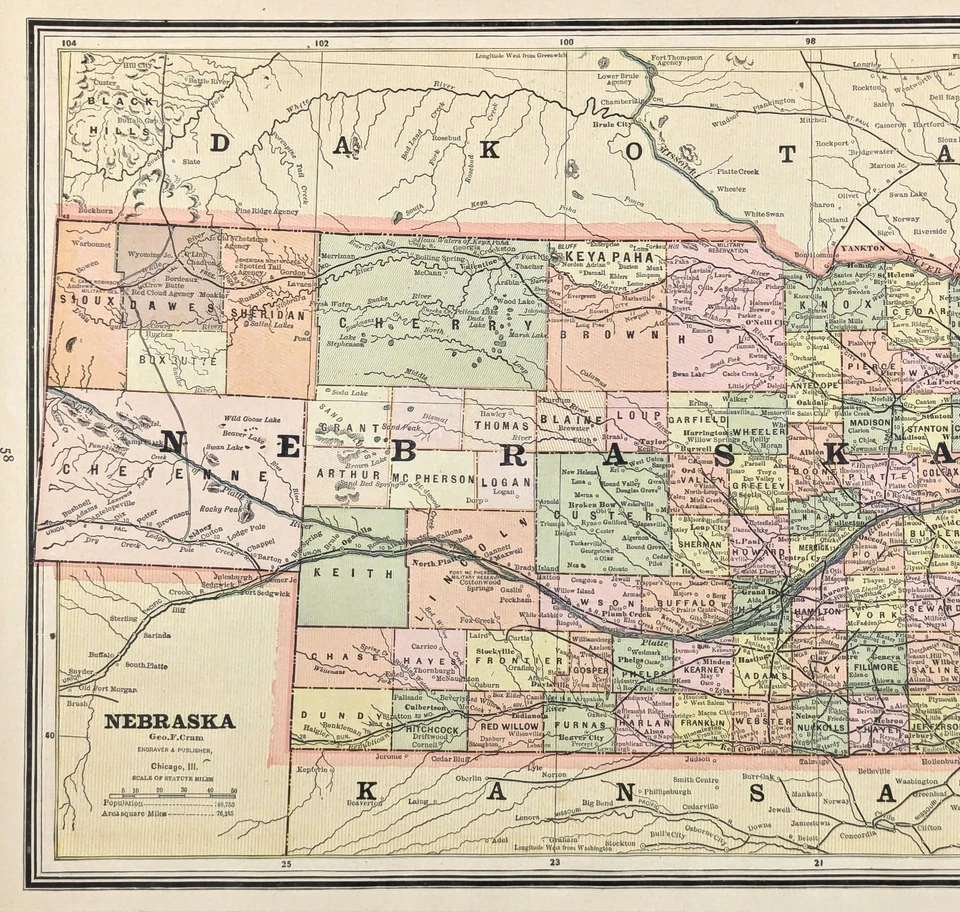1887 NEBRASKA Map ORIGINAL (12x9) TOWNSHIPS RAILROAD COUNTY MILITARY FORTS - Image 2 of 4