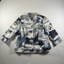 Chico  s Women  s Jacket Size 2 Blue Floral Tropical Button Front 3/4 Sleeve