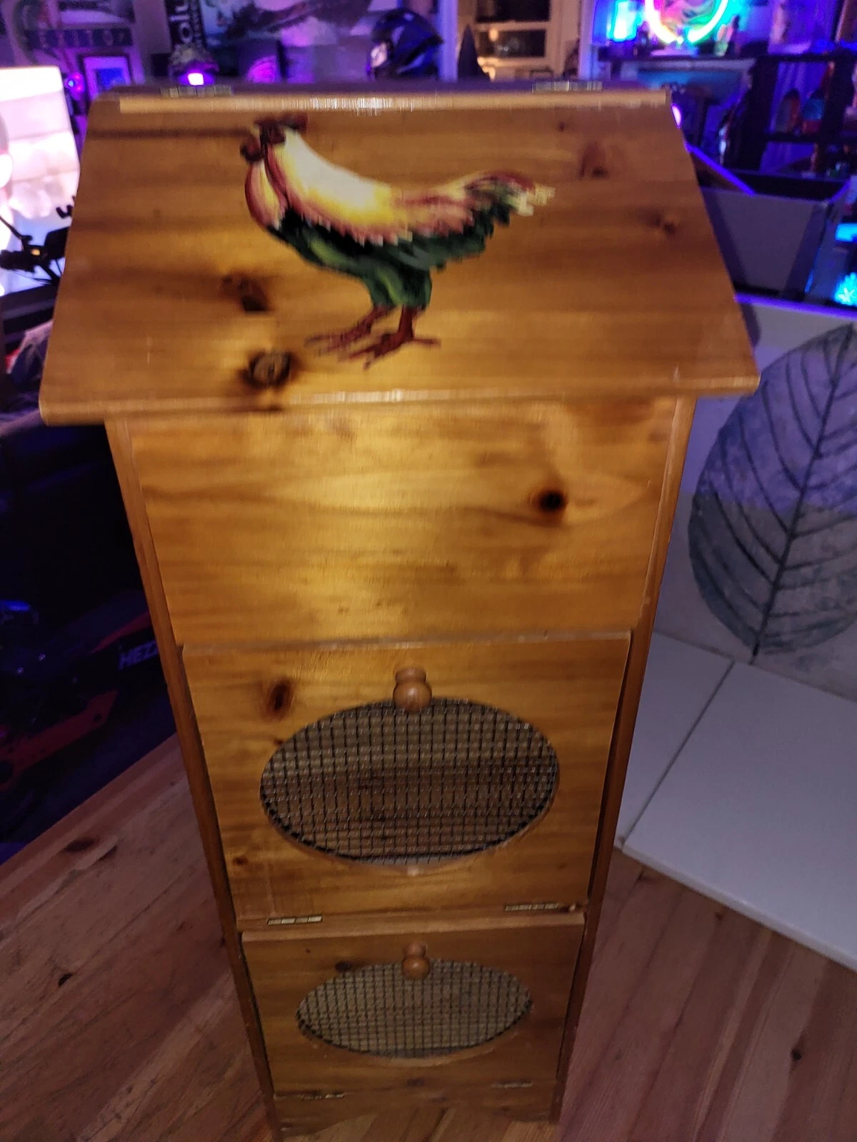 Tall Wooden bread box- Country Style w/ Hand Painted Hen Design & (3) Shelves