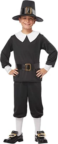 Pilgrim Boy Costume 4Pc Black Poly/Cotton Knickers Top Buckle Belt & Hat Lg