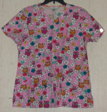 EXCELLENT WOMENS code happy PINK W/ OWLS  FLORAL PRINT SCRUBS TOP  SIZE L