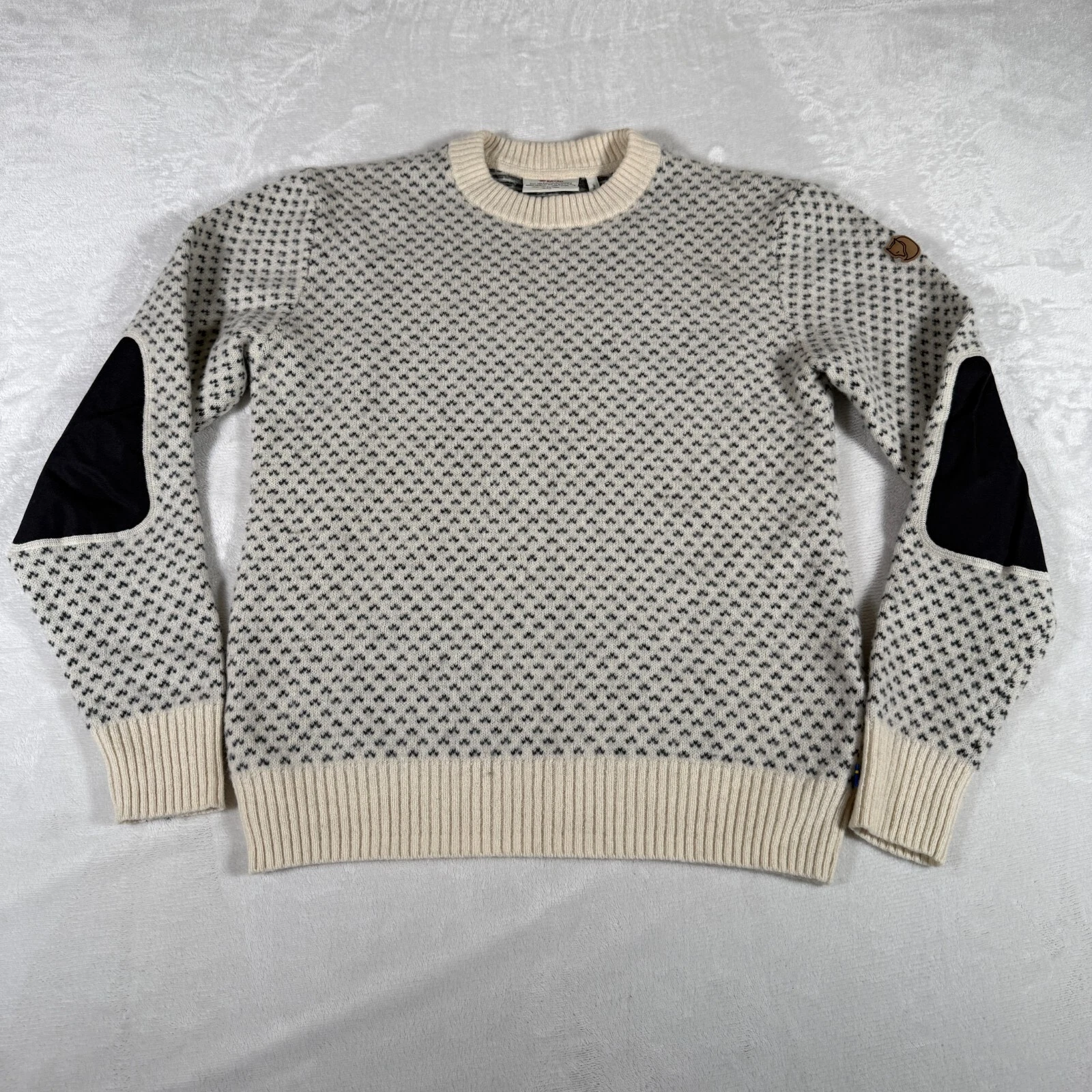 fjallraven ovik nordik elbow pads 100% wool logo knit sweater
