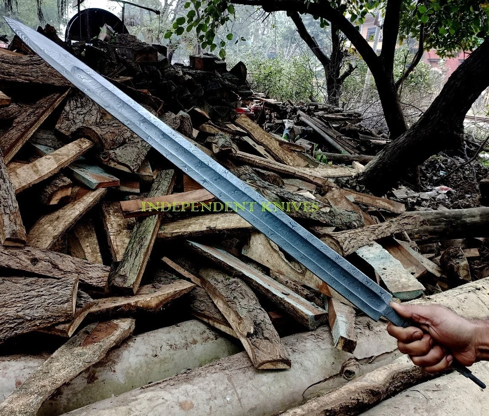 Damascus Steel Viking Sword Blank Blade 34.5 Inches Full Tang Razar Sharpe Blade - Image 2 of 4