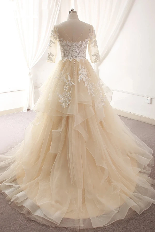 Vestidos de novia champán volantes cuello en V encaje medias mangas tul vestidos de novia Foto 2 de 4