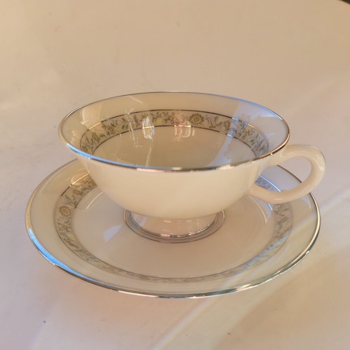 LENOX SPRINGDALE TEA CUP and SAUCER SET Green with Silver Trim Vintage