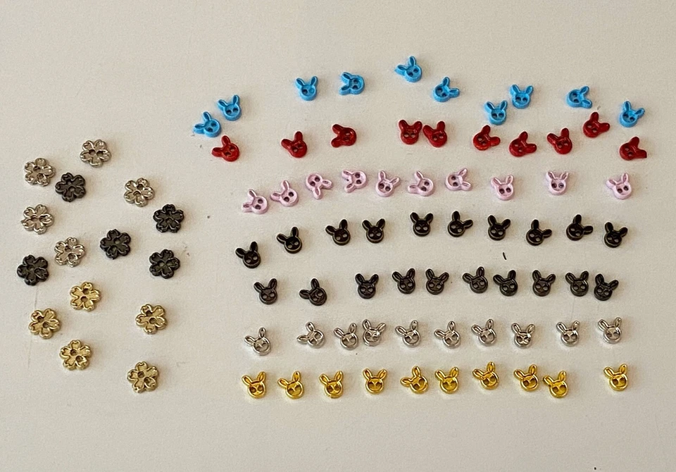 Job lot doll making mini buttons 4mm sew on 2 hole buttons rabbit flower shapes - Image 2 of 4