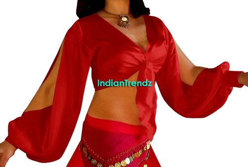 Satin Tie Top Belly Dance Harem Slit Sleeve Wrap Choli Gypsy Haut Blouse Bluse - Picture 22 of 43