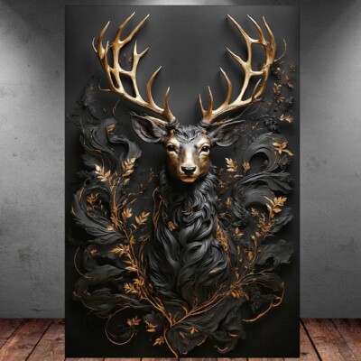 LEINWAND BILD ER XXL POP ART ABSTRAKT HIRSCH KOPF SCHWARZ GOLD WAND POSTER