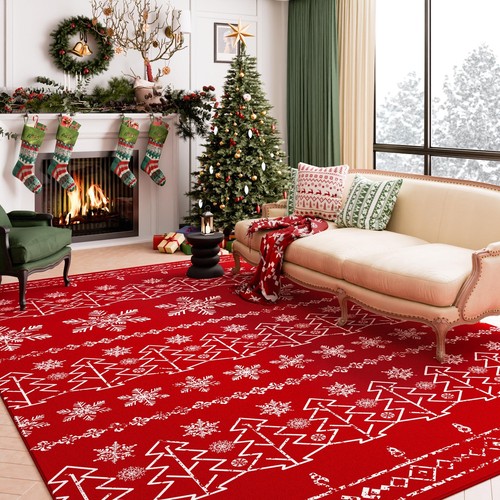 Christmas Area Rug 8x10 Red Washable Living Room Rug Xmas Snowflake Holiday D...