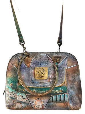 Anuschka Designer Handpainted Leather Handbag Artwork Multi-Compartments  Signed