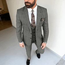 Men's Regular Fit 3 Piece Windowpane Check Suit Vest Wedding Business Formal Set