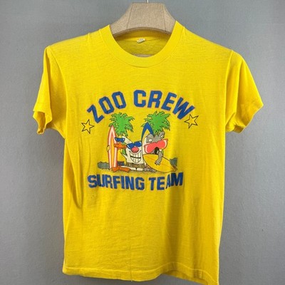 Vintage 1987 Zoo Crew Surfing Team T Shirt Yellow Screen Stars Single Stitch L