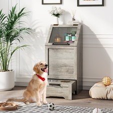 Flip Top Dog Food Cabinet, Dog Feeding Container with 2 Elevated Dog Bowls, Grey