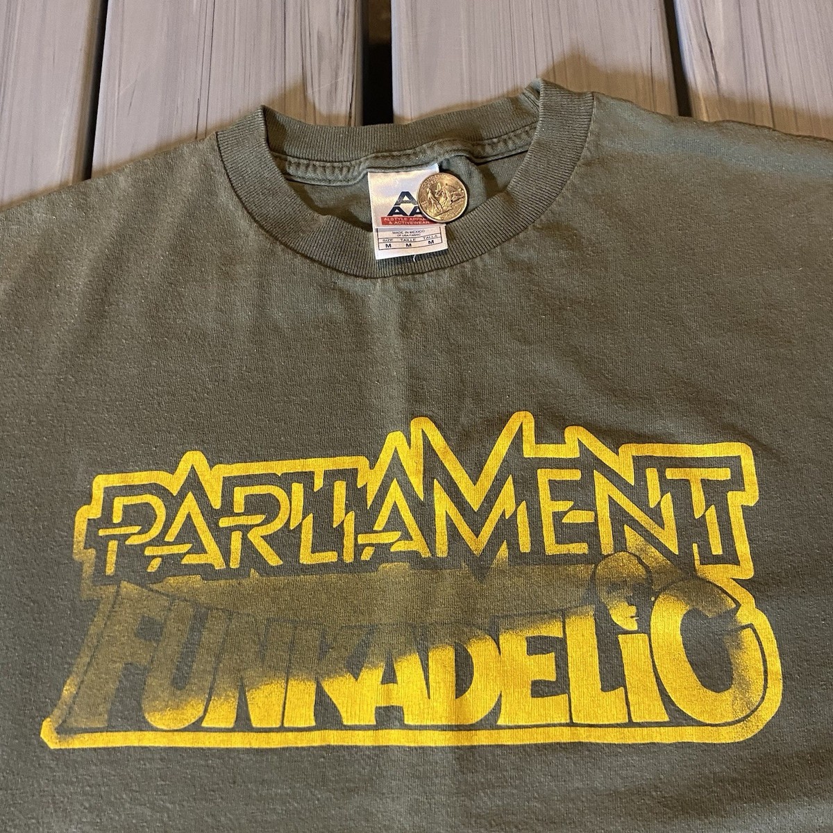 Vintage 90s Parliament Funkadelic Logo T-shirt Size Medium Olive