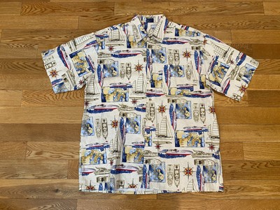 212 NYC Hawaiian Nautical Ship Boat Map Compass Button Down Shirt Short Slv XL