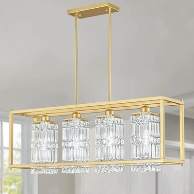 Modern Crystal Chandeliers Rectangular Dining Room Chandelier 35.43in Gold Pe...