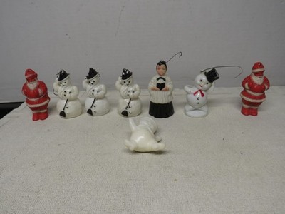 8 Rosbro Rosen Irwin Christmas Hard Plastic Ornaments- Santa, Snowmen, Caroler