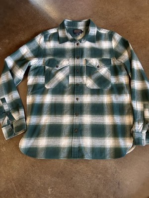 Pendleton Wool Plaid Long Sleeve Button Up Shirt Green Tan Brown Size Medium
