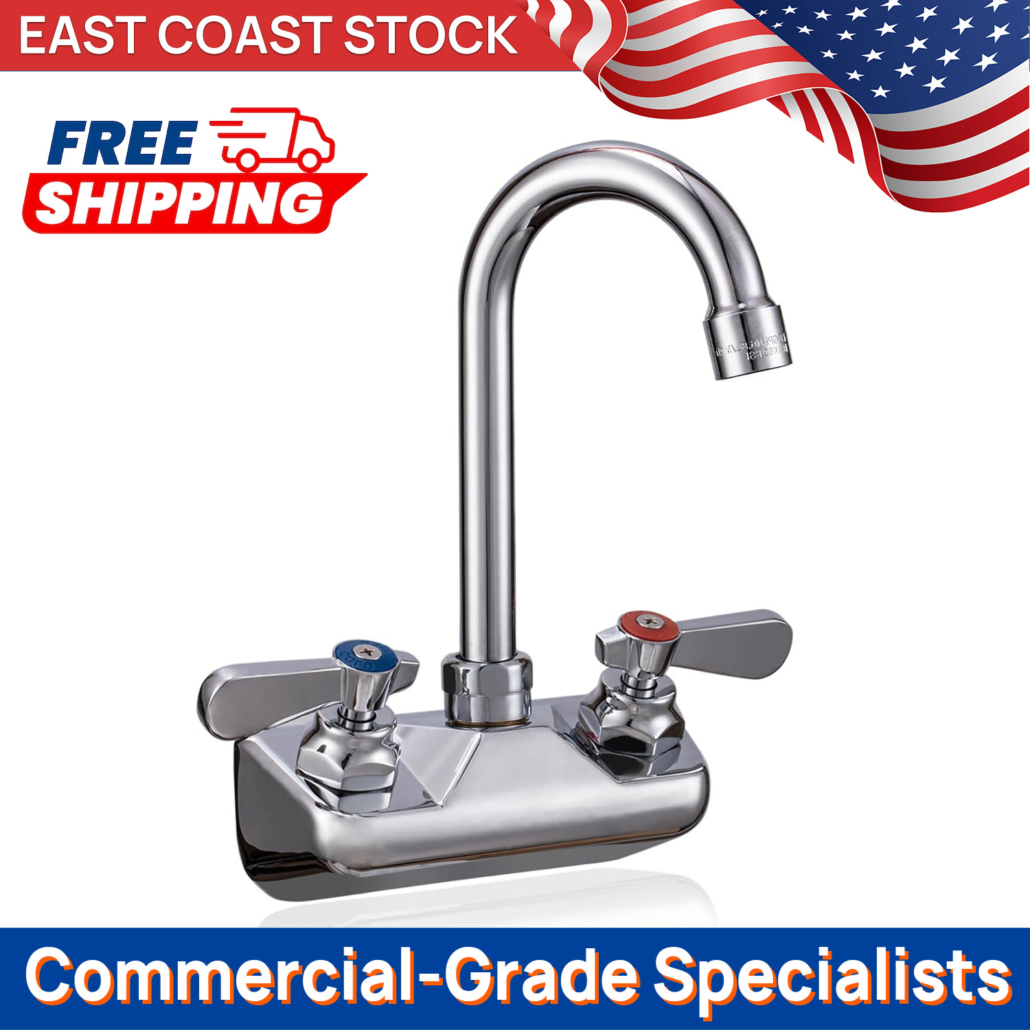4" Center Hand Sink Faucet - Solid Brass Body & Stainless Steel Gooseneck Spout