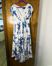 Lulus White/Blue Floral Short Sleeve A-Line Midi Dress Zip Closure Size XL
