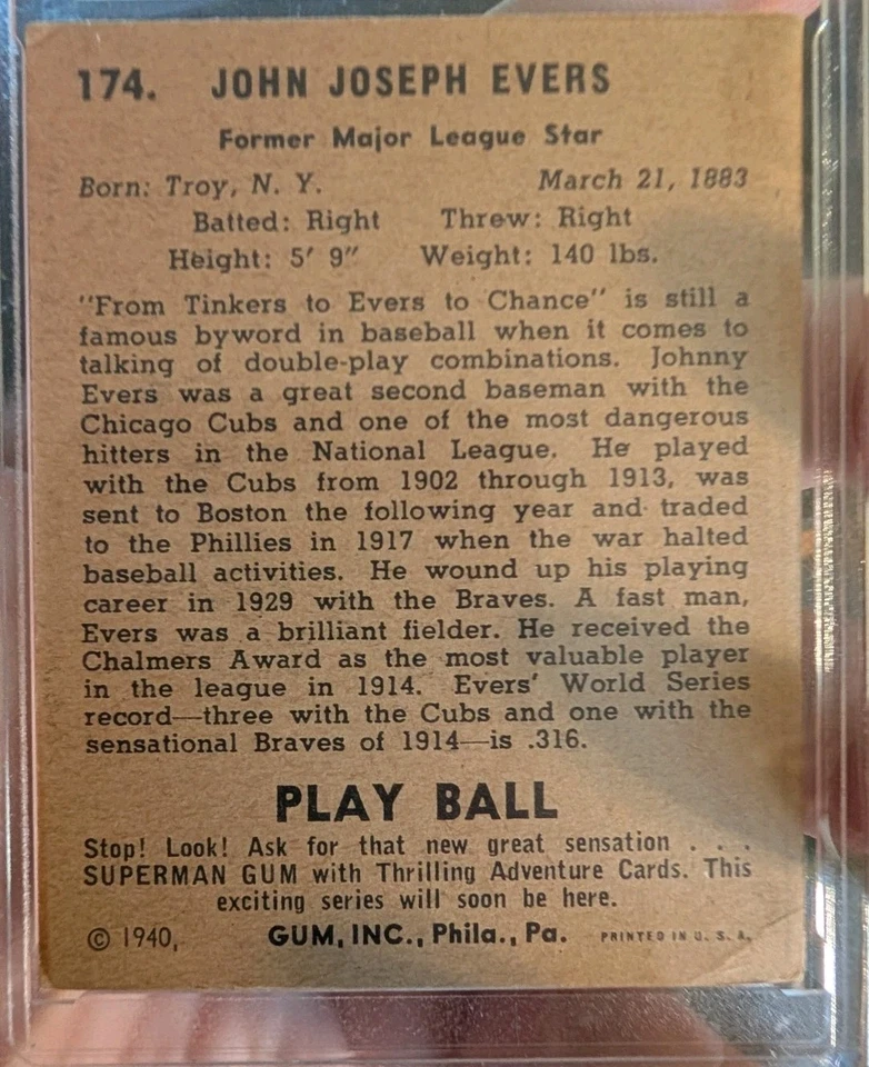 1940 Play Ball #174 Johnny Evers Boston Braves VG Encased HOF - Image 4 of 4
