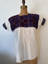 Vintage Traditional Mexican Hand Embroidered Needlepoint Huipil Blouse S
