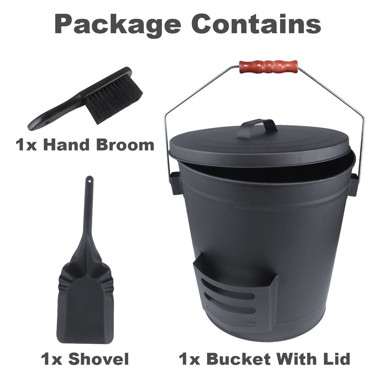 Steel Ash Bucket with Lid Shovel Brush,Firewood Carrier Bag,5Pcs Fireplace Tools