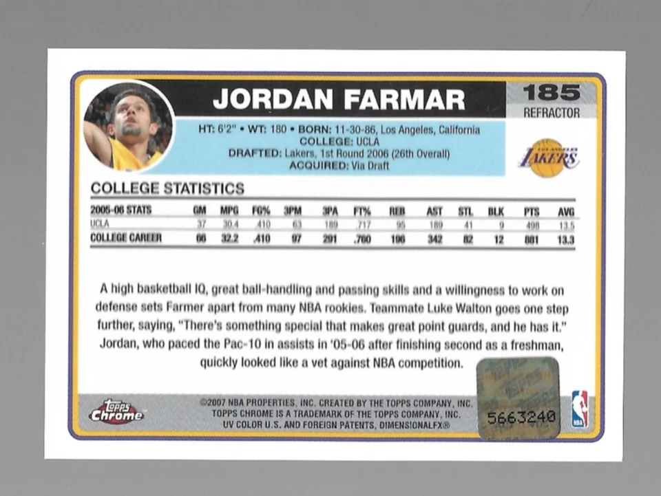 2006-07 Topps Chrome Jordan Farmar Rookie Refractor  Auto - Image 2 of 2
