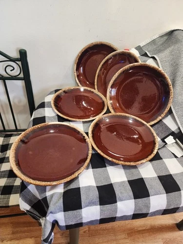 Lot of 6 Hull Pottery Brown Drip Glaze 10.5" Dinner Plates VTG Oven Proof USA