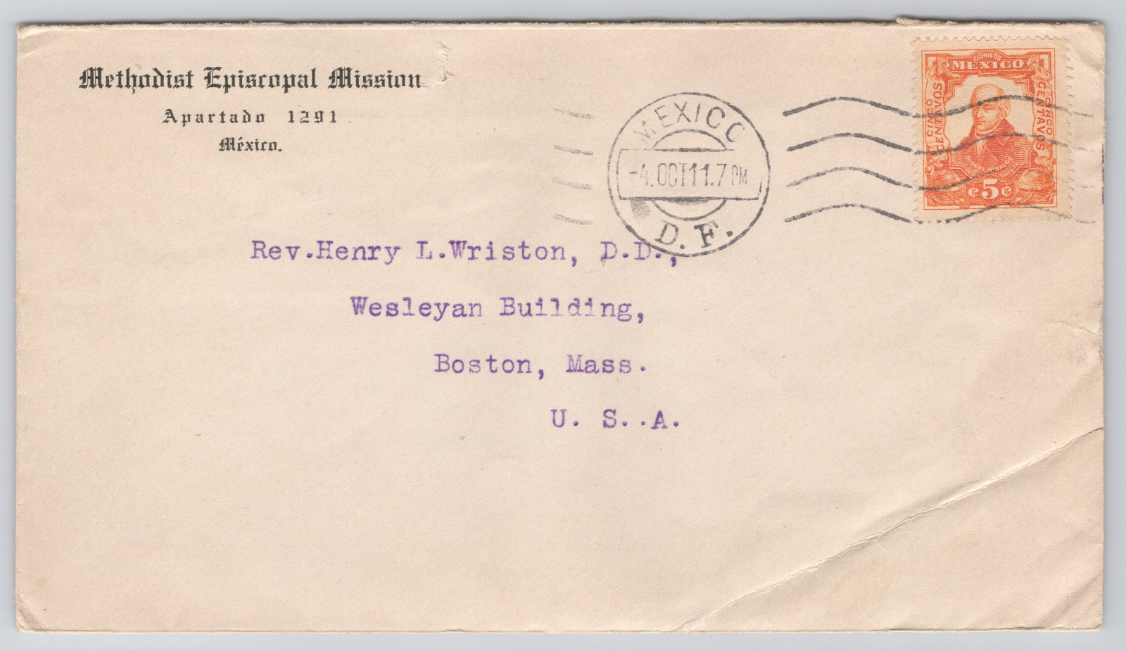 Mexico 1917 Missionary Cover Mexico City–Boston Methodist Episcopal Mission
