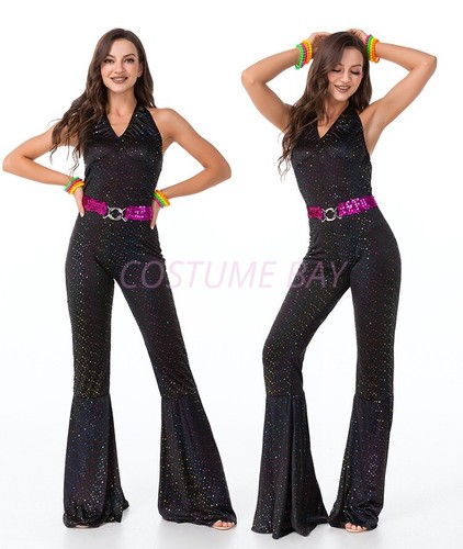 Ladies Dancing Queen 1960s 70s Costume Retro Hippy Hippie Chic Disco Jumpsuit - Picture 9 of 48