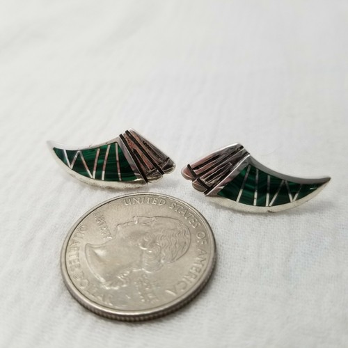 Sterling Silver Inlaid Malachite Horn Earrings - Picture 5 of 6