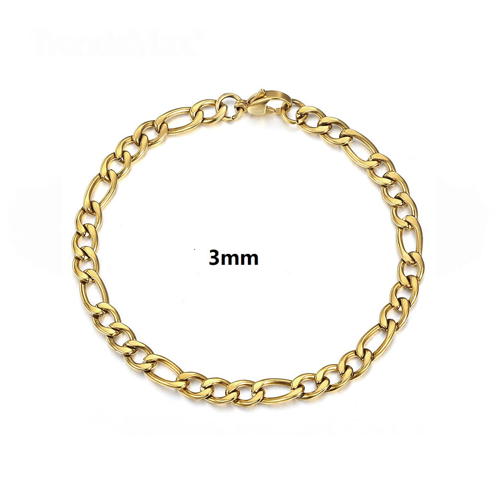 3mm Gold Plated Stainless Steel Figaro Chain Bracelet for