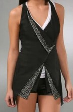 Alice + Olivia Women's Landon Embellished Black Eool Blend Snap Closure Vest! XS
