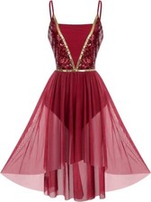 NWT Spaghetti Strap High Low Mesh Tulle Lyrical Dance Dress Gold/Wine Sequins M