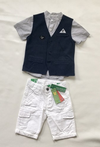 3-teiliges Outfit John Rocha Jungen Shirt & Weste, neu mit Etikett Benetton weiße Shorts Gr. 2 Jahre - Bild 1 von 7