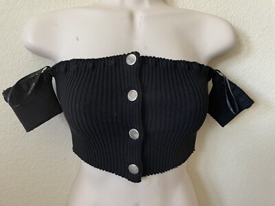 Black Ribbed Raw Edge Off The Shoulder Short Sleeve Button Womens Crop Top SZ S