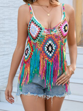 Boho-Chic Damen Crochet Fransen Cami-Top - V-Ausschnitt, halbtransparent, bunt