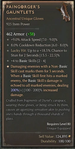 DIABLO 4 Season 5 S5⭐925 Perfect Roll Paingorger's Gauntlets Unique