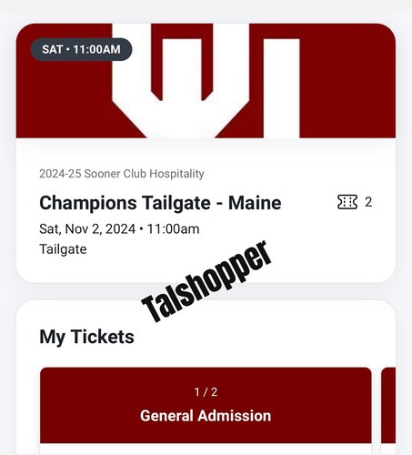 (2) Two Champions Tailgate Passes OU Oklahoma Sooners Football MAINE 11/02/24 🌺 - Picture 2 of 5